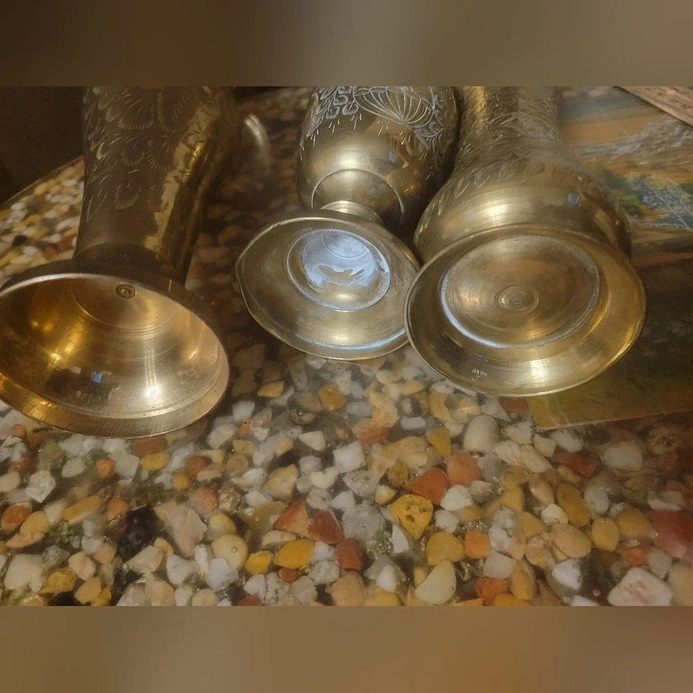 set‎ of 3 brass vase etched ingraved handcrafted India 12